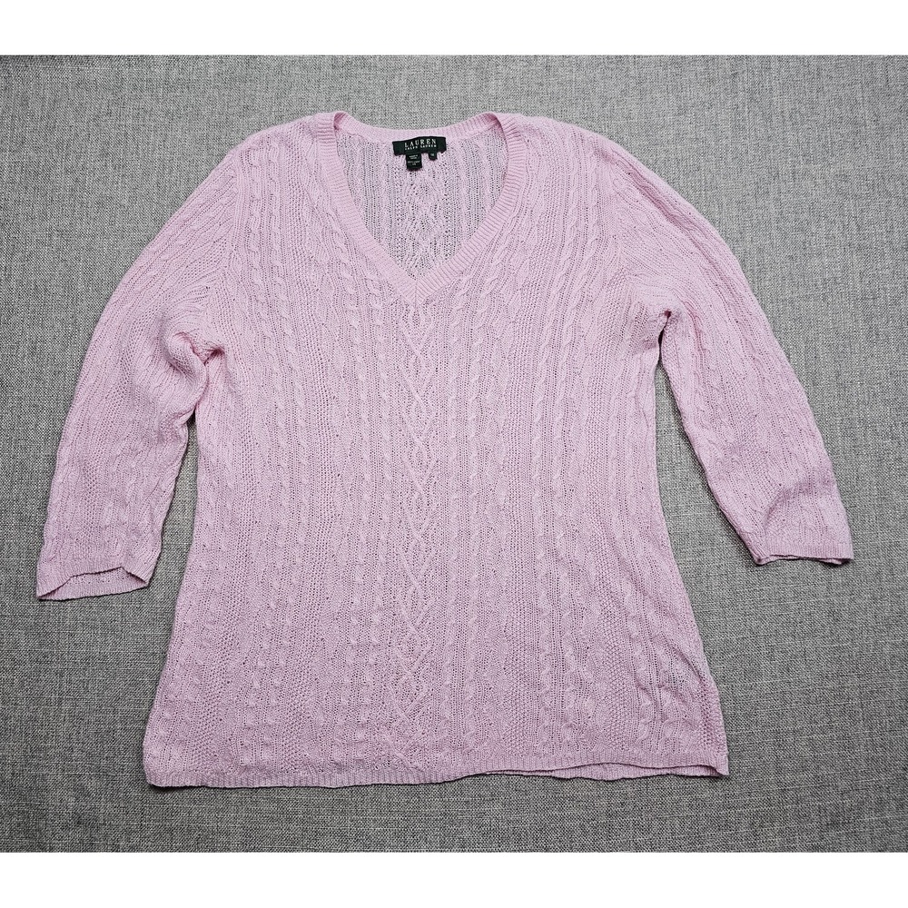 Lauren Ralph Lauren Sweater Womens 1X Pink Linen Cable Knit V Neck Pullover